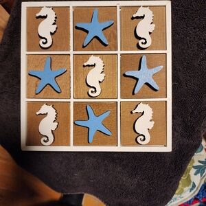 Wooden Tic-Tac-Toe Game with Seahorse and Starfish